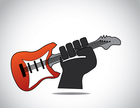 dark black hand holding bright red guitar - love music concept. A guitarist holding a red electric guitar with his folded hands - music award winning or achievement illustrationのイラスト素材