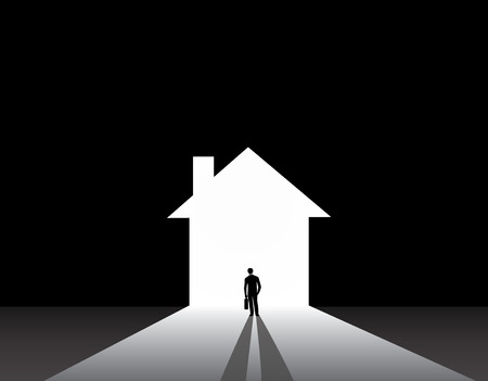 Businessman silhouette standing front of house home shape door  nicely dressed business man in suit with suitcase stand thinking, dreaming, planning building big house for real estate industryのイラスト素材