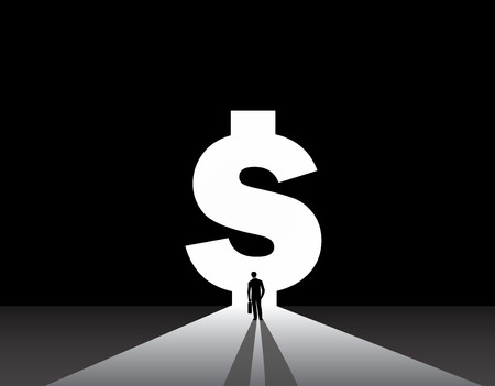 Businessman silhouette standing front of dollar money bank door  nicely dressed business man in suit with suitcase stand thinking, dreaming, planning in front of big dollar shaped door conceptのイラスト素材