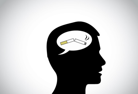 man silhouette thinking positively of quiting smoking thought  black young male person head silhouette with white talk bubble callout having a broken cigarette - quit smoking concept illustrationのイラスト素材