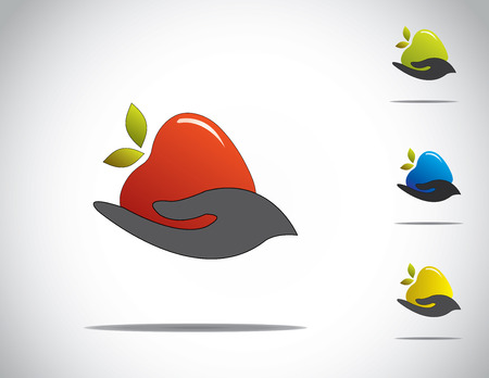 young human hand holding   sharing red ripe green yellow apples  different colorful ripe apple share for healthy life collection set のイラスト素材