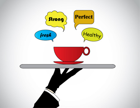 hand silhouette serving fresh hot cofee tea or soup with call outs  A professional waiterのイラスト素材