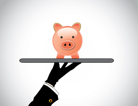 hand silhouette presenting a pink piggy bank for savings investment  A professional hand holding a smiling piggybank for investing or saving money or investments  - banking concept illustrationのイラスト素材