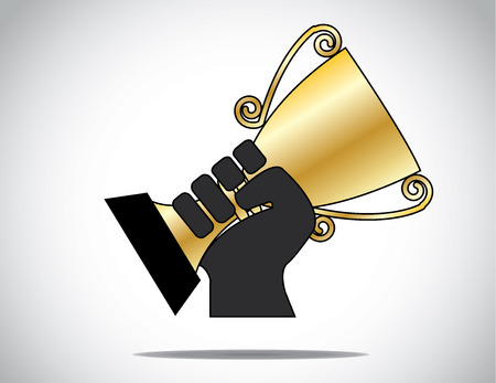 hand silhouette holding   lifting golden cup won in compitition  A unique hand silhouette proudly displaying the victorious gold cup won as prize - concept illustration のイラスト素材