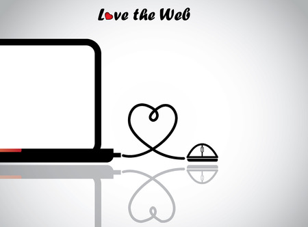 notebook laptop and mouse with love heart shaped wire connection - love technology or web concept illustration with netbook laptop with blank display connected to a wired mouse with reflection のイラスト素材