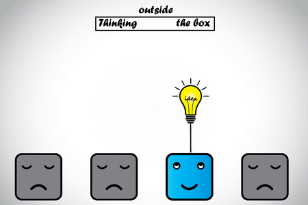 happy professional thinking outside the box gets lightbulb idea  blue alert smart professional thinking of an innovative bright glowing idea with other sad candidates unable to think - idea conceptのイラスト素材