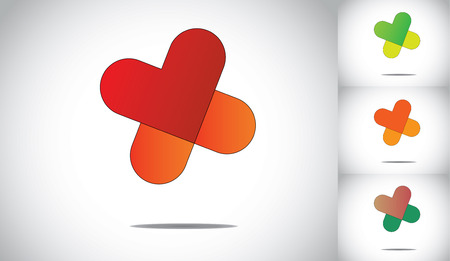 heart protection medical health plus symbol icon concept art  different colorful medical plus icon with healthy red heart shape - illustration collection setのイラスト素材