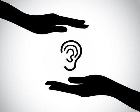 ear or listening check up or protection with hand silhouettes. hands protecting and safeguarding a tender ear - health and medical concept illustration artのイラスト素材