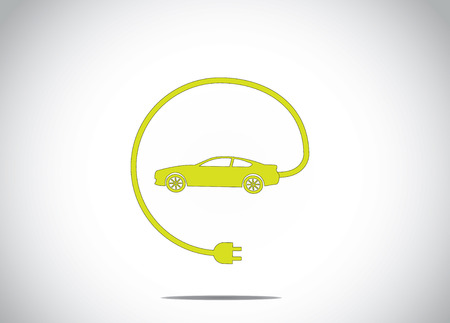 colorful electric hybrid car with charger plug connected concept icon symbol. green colored car with cable charger plug from the car illustration artのイラスト素材