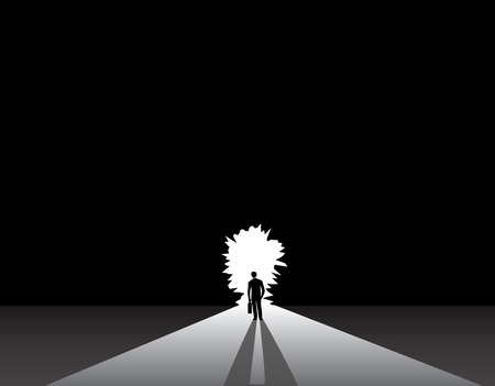 Businessman silhouette standing front of key door concept. nicely dressed business man in suit with suitcase stand thinking, dreaming, planning in front of small door concept illustrationのイラスト素材