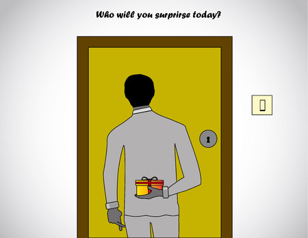 professionally dressed man holding a surprise gift at the back waiting in front of a house door to be opened with finger crossed - concept illustrationのイラスト素材