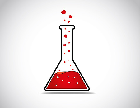 lab glass beaker or test tube with red liquid producing heart shaped fyling love bubbles - love affection invention unique concept illustration artのイラスト素材