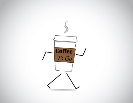 white fresh and hot coffee to go cup walking with bright white background concept illustrationのイラスト素材