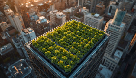 Sustainable Rooftop Farming on Modern High Rise Building With Glowing Hydroponic Vegetables and Warm Golden Hour Light Over Cityscape