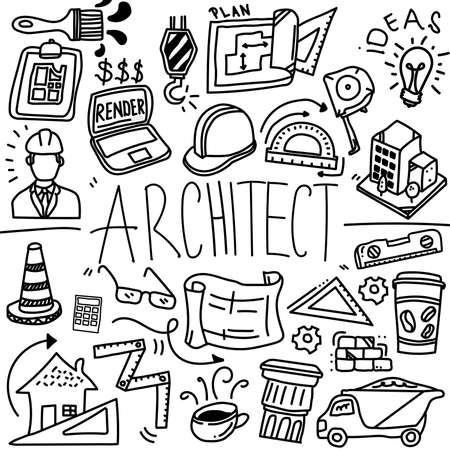 Architect Doodle Profession Line Icon Sketch, Construction Doodle Icon, Hand Made Vector Art, Architect Stuffs business conceptのイラスト素材