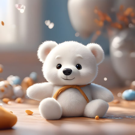 Cute teddy bear on wooden table in room. 3d renderingの素材