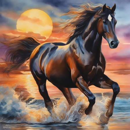 Horse running on the beach in the sunset.の素材