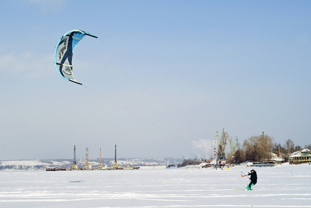 PERM, RUSSIA - FEBRUARY 23, 2018: snowkiter glides on the ice of the Kama Reservoirのeditorial素材