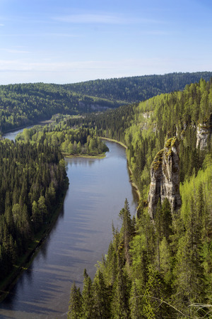 Landscape - wooded canyon of the northern river with rocks, a top view (the Usva river in the Middle Urals, Russia)の写真素材