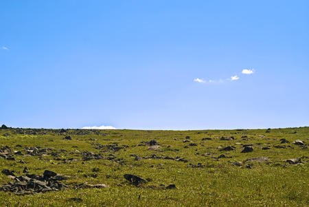 Summer arctic landscape - grassy rocky tundra under a blue skyの写真素材