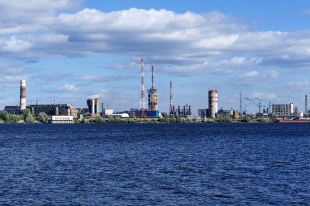 industrial zone on the coast behind a vast water area, a general viewの写真素材