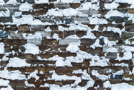 background, texture - wall of rough stonework, partly covered with snow
