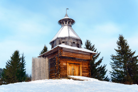ancient log watch tower with a gateの写真素材
