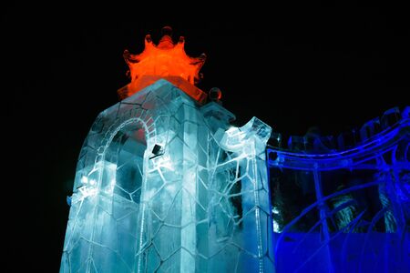 Perm, Russia - January 03, 2019: beautifully lit New Year ice town in oriental style at nightのeditorial素材