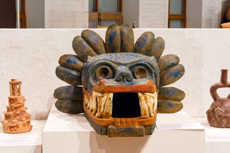 Yekaterinburg, Russia - head of Quetzalcoatl from the Pyramid of the Feathered Serpent in...
