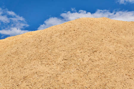 huge pile of fresh wood sawdust against the sky