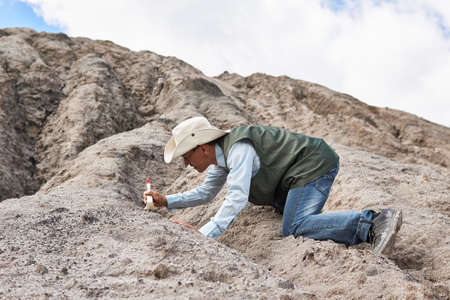 man archaeologist or paleontologist cleans the find with a brush in the desertの写真素材