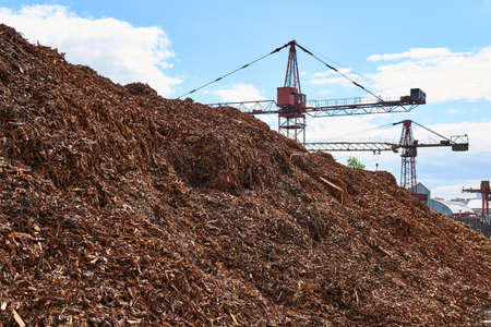huge pile of shredded wood bark removed from logs in a woodworking factory and cranes in the backgroundの写真素材