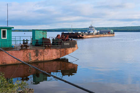Perm Krai, Russia - Juiy 31, 2020: ferry crossing on the Kama riverのeditorial素材