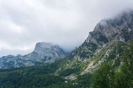 foggy mountain landscape - wooded cliffs hide in the clouds