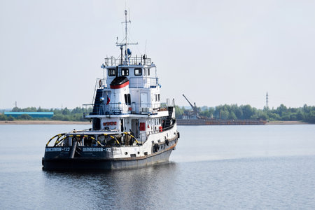 Perm Krai, Russia - July 27, 2020: towboat on the Kama riverのeditorial素材