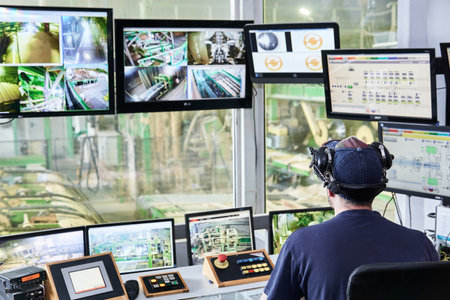 Perm, Russia - August 12, 2020: central point of remote control of a modern automated sawmillのeditorial素材