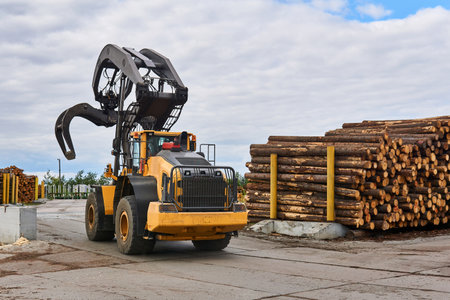 wheeled grapple loader in the timber yard of a woodworking plant
