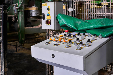 Perm, Russia - August 12, 2020: control panel for an automated production line at a modern sawmill