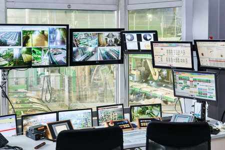 Perm, Russia - August 12, 2020: remote control room of a modern automated sawmill, focus on equipment outside the windowのeditorial素材