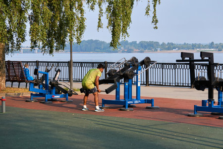 Perm, Russia - July 27, 2020: public outdoor exercise equipment on the Kama river embankmentのeditorial素材