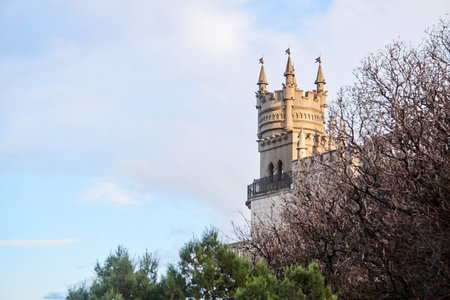 Gaspra, Crimea - January 28, 2021: historical decorative castle Swallow's Nest on a cliff above the seaのeditorial素材