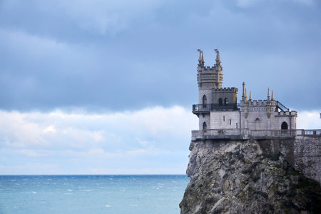 Gaspra, Crimea - January 28, 2021: historical decorative castle Swallow's Nest on a cliff above the seaのeditorial素材