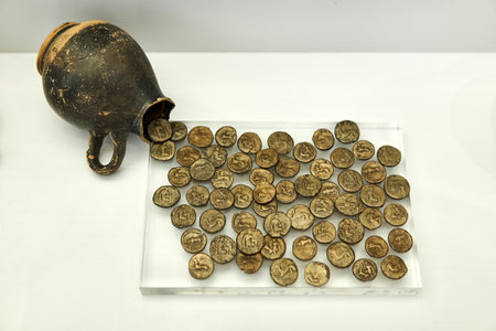 Sevastopol, Crimea - January 31, 2021: ancient Greek coin hoard of the 3rd c. BC. in a jug in the museum exposition in Chersonesos, Crimeaのeditorial素材