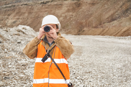 mining or road engineer using a spotting scope against the background of a mine