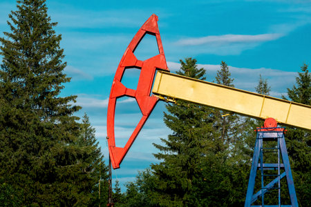 pumpjack element of an oil pumping station in a clearing in the forest