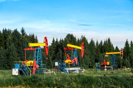 oil pumpjacks in a clearing in the forest