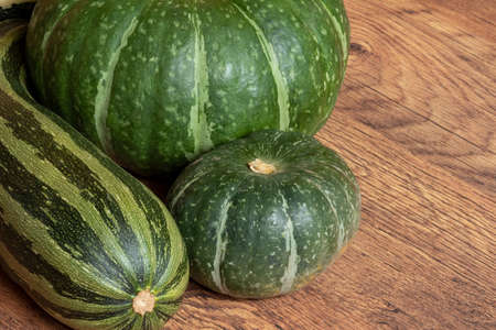 harvested zucchini and punmpkins lie on the floor in the houseの写真素材