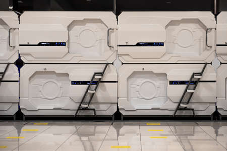 Yekaterinburg, Russia - November 05, 2021: capsule hotel cells close upのeditorial素材