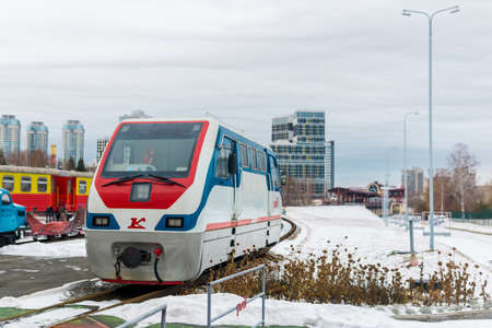 Yekaterinburg, Russia - November 05, 2021: narrow-gauge diesel locomotive TU10 "Kolibri" on the children's railwayのeditorial素材