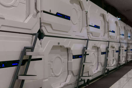 Yekaterinburg, Russia - November 05, 2021: capsule hotel cells close upのeditorial素材